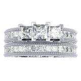 2.30 Carat (ctw) 14k White Gold Princess & Round Cut Diamond Ladies Engagement Bridal 3 Stone Ring With Matching Band Set 2 1/3 CT