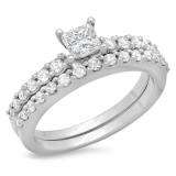 1.00 Carat (ctw) 14k White Gold Round & Princess Cut White Diamond Ladies Bridal Solitaire With Accents Engagement Ring With Matching Band Set 1 CT