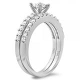 1.00 Carat (ctw) 14k White Gold Round & Princess Cut White Diamond Ladies Bridal Solitaire With Accents Engagement Ring With Matching Band Set 1 CT