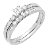 0.33 Carat (ctw) 10k White Gold Princess Round & Baguette Cut Diamond Ladies Bridal Engagement Ring With Matching Band Set 1/3 CT
