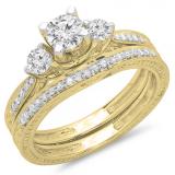1.00 Carat (ctw) 10K Yellow Gold Round Diamond Ladies Vintage 3 Stone Bridal Engagement Ring With Matching Band Set 1 CT