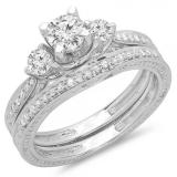 1.00 Carat (ctw) 14K White Gold Round Diamond Ladies Vintage 3 Stone Bridal Engagement Ring With Matching Band Set 1 CT