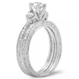 1.00 Carat (ctw) 14K White Gold Round Diamond Ladies Vintage 3 Stone Bridal Engagement Ring With Matching Band Set 1 CT