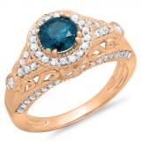 1.33 Carat (ctw) 10K Rose Gold Round Blue & White Diamond Ladies Split Shank Vintage Bridal Halo Style Engagement Ring 1 1/3 CT