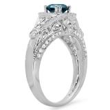 1.33 Carat (ctw) 14k White Gold Round Blue & White Diamond Ladies Split Shank Vintage Bridal Halo Style Engagement Ring 1 1/3 CT