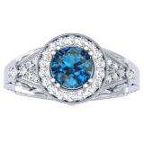 1.33 Carat (ctw) 14k White Gold Round Blue & White Diamond Ladies Split Shank Vintage Bridal Halo Style Engagement Ring 1 1/3 CT