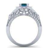 1.33 Carat (ctw) 14k White Gold Round Blue & White Diamond Ladies Split Shank Vintage Bridal Halo Style Engagement Ring 1 1/3 CT
