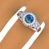1.33 Carat (ctw) 14k White Gold Round Blue & White Diamond Ladies Split Shank Vintage Bridal Halo Style Engagement Ring 1 1/3 CT
