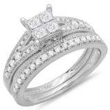 0.75 Carat (ctw) 14k White Gold Princess & Round Diamond Ladies Split Shank Bridal Engagement Ring With Matching Band Set 3/4 CT