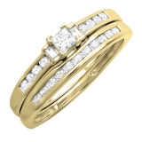 0.50 Carat (ctw) 10k Yellow Gold Brilliant Round Princess & Baguette Cut Diamond Ladies Bridal Engagement Ring With Matching Band Set 1/2 CT