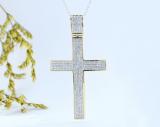 Round White Diamond Iced Out Slider Cross Unisex Pendant with 18 Inch Silver Chain in 10K Yellow Gold (1.00 ctw, Color I-J, Clarity I2-I3)