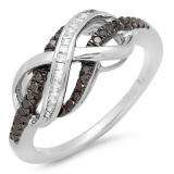 0.20 Carat (ctw) Sterling Silver Round & Baguette Cut Black & White Diamond Ladies Swirl Infinity Two Tone Wedding Ring 1/5 CT