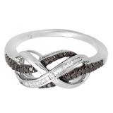 0.20 Carat (ctw) Sterling Silver Round & Baguette Cut Black & White Diamond Ladies Swirl Infinity Two Tone Wedding Ring 1/5 CT