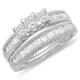 2.00 Carat (ctw) 14K White Gold Princess and Round Diamond Ladies Bridal 3 Stone Engagement Ring With Matching Wedding Band Set 2 CT