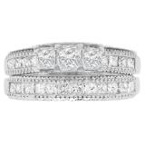 2.00 Carat (ctw) 14K White Gold Princess and Round Diamond Ladies Bridal 3 Stone Engagement Ring With Matching Wedding Band Set 2 CT