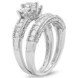 2.00 Carat (ctw) 14K White Gold Princess and Round Diamond Ladies Bridal 3 Stone Engagement Ring With Matching Wedding Band Set 2 CT