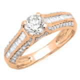 1.20 Carat (ctw) 14K Rose Gold Round & Baguette Cut Diamond Ladies Vintage Style Solitaire With Accents Bridal Engagement Ring 1 1/4 CT