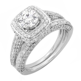 1.85 Carat (ctw) 14k White Gold Round Diamond Ladies Halo Style Bridal Engagement Ring Set Matching Band