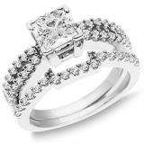 1.50 Carat (ctw) 14K White Gold Princess & Round White Diamond Ladies Split Shank Bridal Engagement Ring with Matching Wedding Band Set 1 1/2 CT
