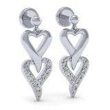 0.25 Carat (ctw) Sterling Silver Round White Diamond Ladies Double Heart Dangling Drop Earrings 1/4 CT
