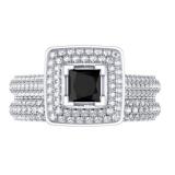 1.40 Carat (Ctw) 10K White Gold Princess & Round Cut Black & White Diamond Ladies Halo Bridal Engagement Ring With Matching Band Set