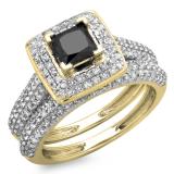 1.40 Carat (Ctw) 10K Yellow Gold Princess & Round Cut Black & White Diamond Ladies Halo Bridal Engagement Ring With Matching Band Set