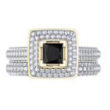 1.40 Carat (Ctw) 10K Yellow Gold Princess & Round Cut Black & White Diamond Ladies Halo Bridal Engagement Ring With Matching Band Set