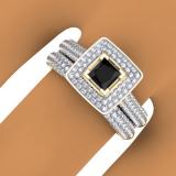 1.40 Carat (Ctw) 10K Yellow Gold Princess & Round Cut Black & White Diamond Ladies Halo Bridal Engagement Ring With Matching Band Set