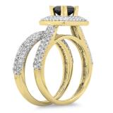 1.40 Carat (Ctw) 14K Yellow Gold Princess & Round Cut Black & White Diamond Ladies Halo Bridal Engagement Ring With Matching Band Set