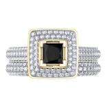 1.40 Carat (Ctw) 14K Yellow Gold Princess & Round Cut Black & White Diamond Ladies Halo Bridal Engagement Ring With Matching Band Set