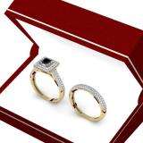 1.40 Carat (Ctw) 14K Yellow Gold Princess & Round Cut Black & White Diamond Ladies Halo Bridal Engagement Ring With Matching Band Set