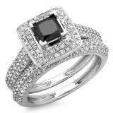 1.40 Carat (Ctw) 18K White Gold Princess & Round Cut Black & White Diamond Ladies Halo Bridal Engagement Ring With Matching Band Set