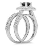 1.40 Carat (Ctw) 18K White Gold Princess & Round Cut Black & White Diamond Ladies Halo Bridal Engagement Ring With Matching Band Set