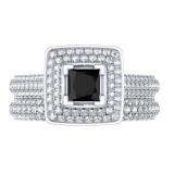 1.40 Carat (Ctw) 18K White Gold Princess & Round Cut Black & White Diamond Ladies Halo Bridal Engagement Ring With Matching Band Set