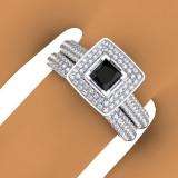 1.40 Carat (Ctw) 18K White Gold Princess & Round Cut Black & White Diamond Ladies Halo Bridal Engagement Ring With Matching Band Set
