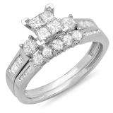 1.20 Carat (ctw) 18K White Gold Princess Round & Baguette Cut Diamond Ladies Bridal Engagement Ring With Matching Band Set 1 1/4 CT