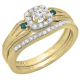 0.50 Carat (ctw) 10K Yellow Gold Round White and Blue Diamond Ladies Halo Style Bridal Engagement Ring With Matching Band Set 1/2 CT