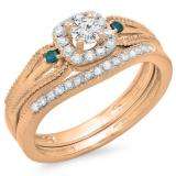 0.50 Carat (ctw) 14K Rose Gold Round White and Blue Diamond Ladies Halo Style Bridal Engagement Ring With Matching Band Set 1/2 CT