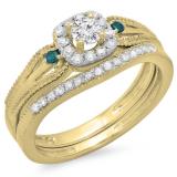 0.50 Carat (ctw) 18K Yellow Gold Round White and Blue Diamond Ladies Halo Style Bridal Engagement Ring With Matching Band Set 1/2 CT