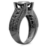 4.00 Carat (ctw) Black Rhodium Plated 18K White Gold Round Black Diamond Ladies Vintage Style Solitaire With Accents Bridal Engagement Ring 4 CT