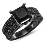 5.10 Carat (ctw) Black Rhodium Plated 18K White Gold Princess & Round Black Diamond Ladies Vintage Style Solitaire With Accents Bridal Engagement Ring