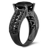 5.10 Carat (ctw) Black Rhodium Plated 18K White Gold Princess & Round Black Diamond Ladies Vintage Style Solitaire With Accents Bridal Engagement Ring