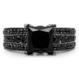 5.10 Carat (ctw) Black Rhodium Plated 18K White Gold Princess & Round Black Diamond Ladies Vintage Style Solitaire With Accents Bridal Engagement Ring