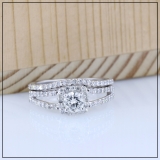 1.00 Carat (ctw) 14K White Gold Round Diamond Ladies Split Shank Halo Bridal Engagement Ring With Matching Band Set 1 CT