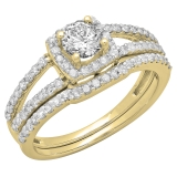 1.00 Carat (ctw) 14K Yellow Gold Round Diamond Ladies Split Shank Halo Bridal Engagement Ring With Matching Band Set 1 CT