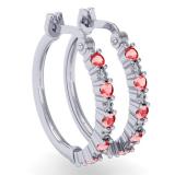 0.75 Carat (ctw) Sterling Silver Round White Diamond & Red Ruby Ladies Fine Dainty Hoop Earrings 3/4 CT
