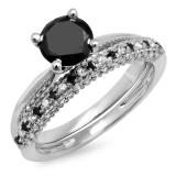 1.50 Carat (ctw) 10K White Gold Round Black & White Diamond Ladies Bridal Solitaire Engagement Ring With Matching Milgrain Wedding Band Set 1 1/2 CT