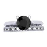 1.50 Carat (ctw) 10K White Gold Round Black & White Diamond Ladies Bridal Solitaire Engagement Ring With Matching Milgrain Wedding Band Set 1 1/2 CT