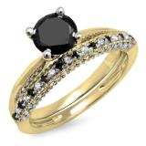 1.50 Carat (ctw) 10K Yellow Gold Round Black & White Diamond Ladies Bridal Solitaire Engagement Ring With Matching Milgrain Wedding Band Set 1 1/2 CT