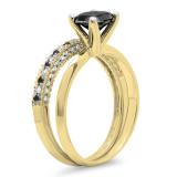 1.50 Carat (ctw) 10K Yellow Gold Round Black & White Diamond Ladies Bridal Solitaire Engagement Ring With Matching Milgrain Wedding Band Set 1 1/2 CT
